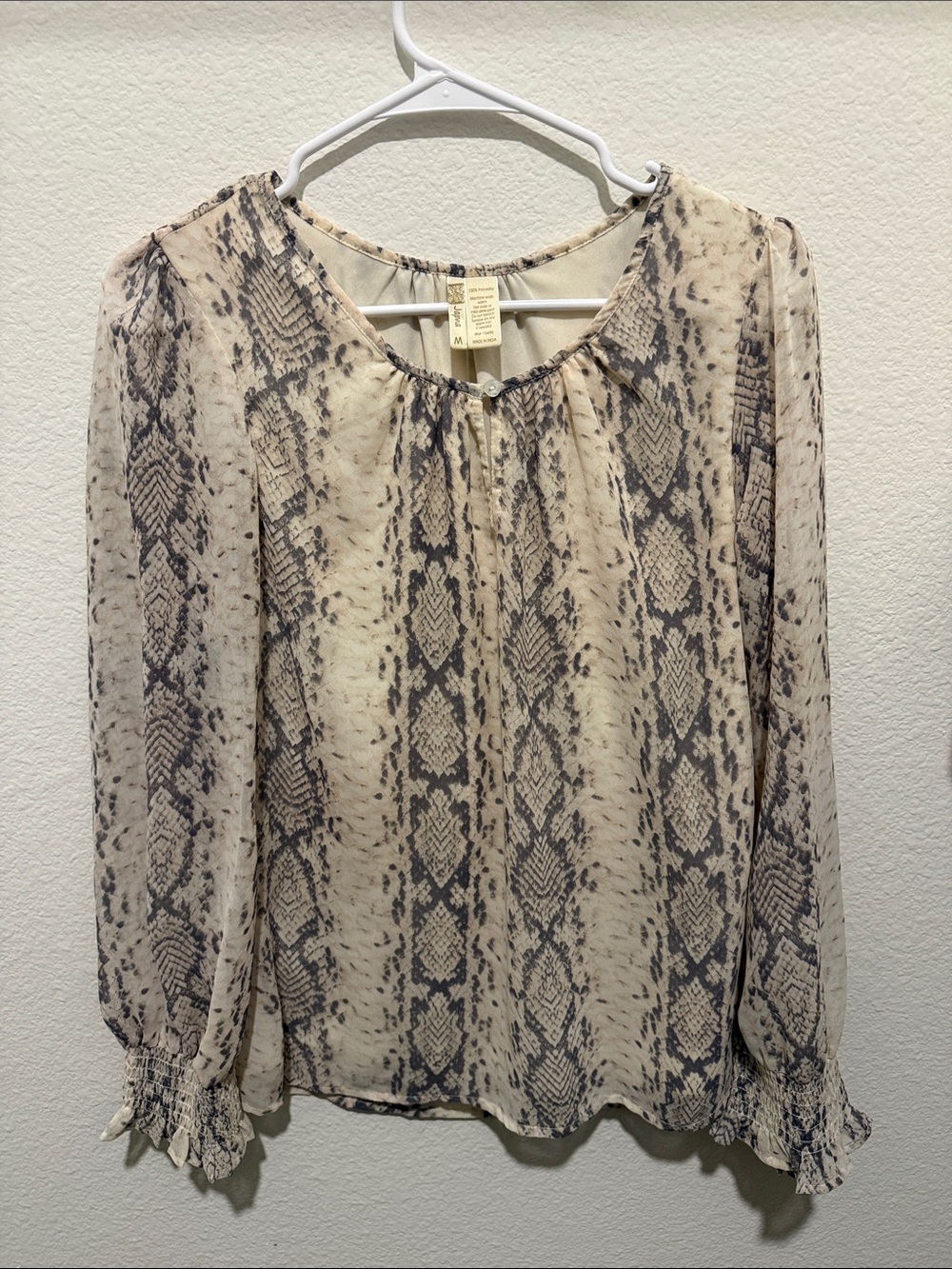 Japna Cream and Black Snake-Print Long Sleeve Blouse
